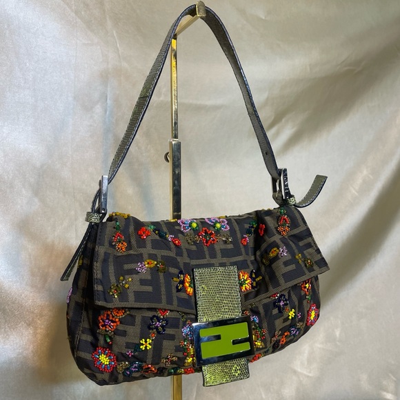 Fendi Handbags - 💖SOLD💖Fendi zucca print floral beaded baguette lizard shoulder strap RARE